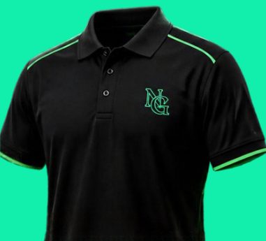 Black golfer shirt with mint trim and embroidered logo