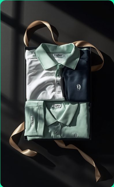 Gift box with folded branded golfer shirts and ribbon