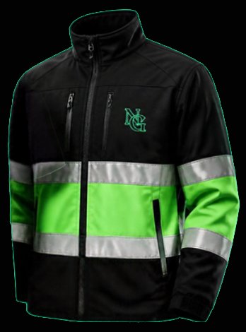 Black softshell jacket with reflective bands and an embroidered logo